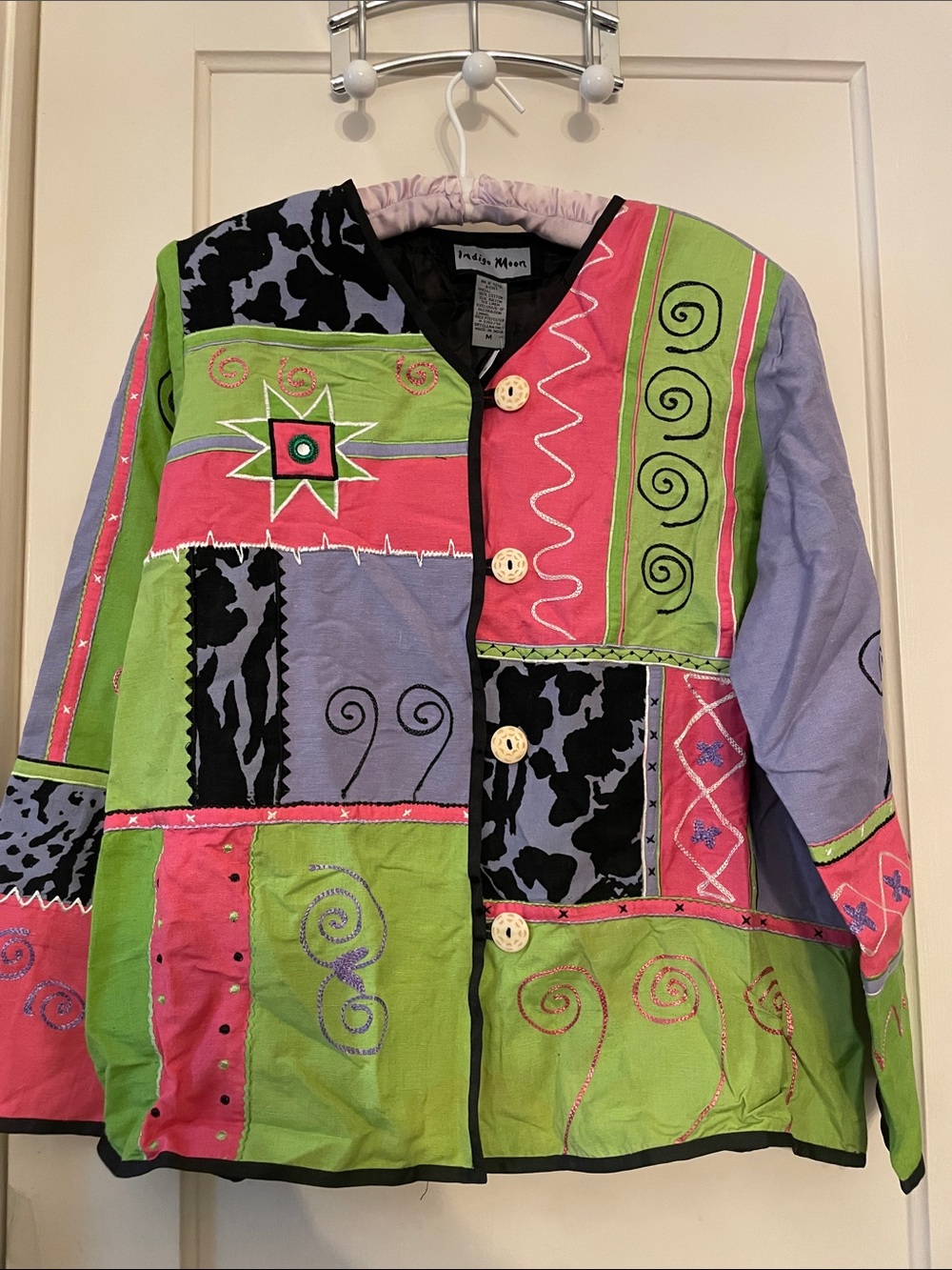 Vintage Indigo Moon Colorblock Patchwork Jacket in Green, Pink, Lavender, Black